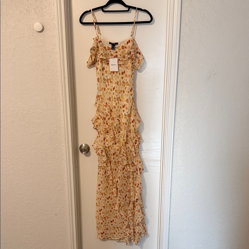 Forever 21 Cream Floral Ruffle Maxi Dress
